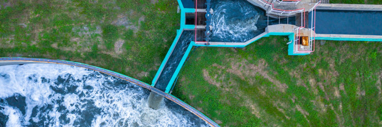 Aerial photo o water system with foam